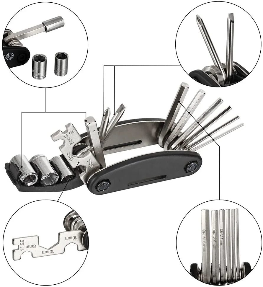 16 In 1 Multi-function Bike Bicycle Cycling Mechanic Repair Tool Kit With 3 Pcs Tire Pry Bars