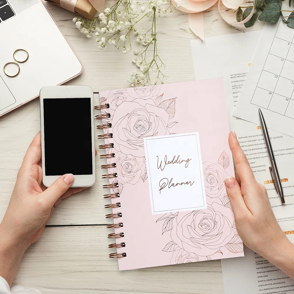Custom Printing Luxury Spiral A5 Girl Pink Rose Gold Journal Wedding Planner And Notebooks with Gift Box Set Manufacturers