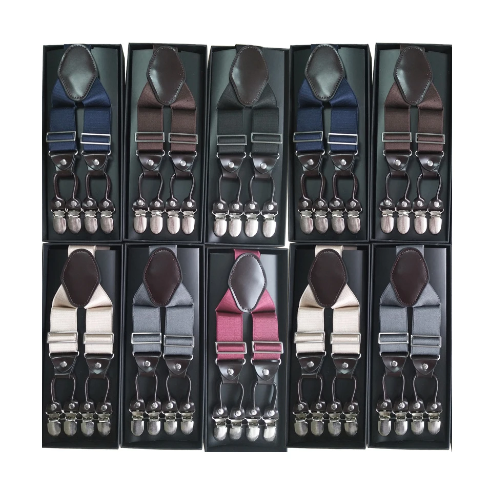 3.5CM Brown Black Suspenders Gift Set In A Box Elastic Suspenders brace For Mens Trousers With 6 Clips