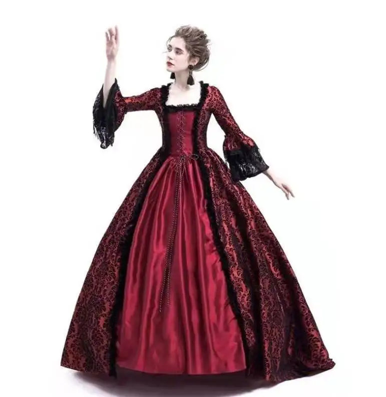 factory christmas party lace stitching flare long sleeve luxury medieval retro court women dress