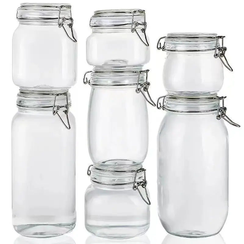 Wholesale Custom Best Custom Logo Flip Top Jam Jar Prep Naturals Glass Food Storage Containers With Metal Clip Lock