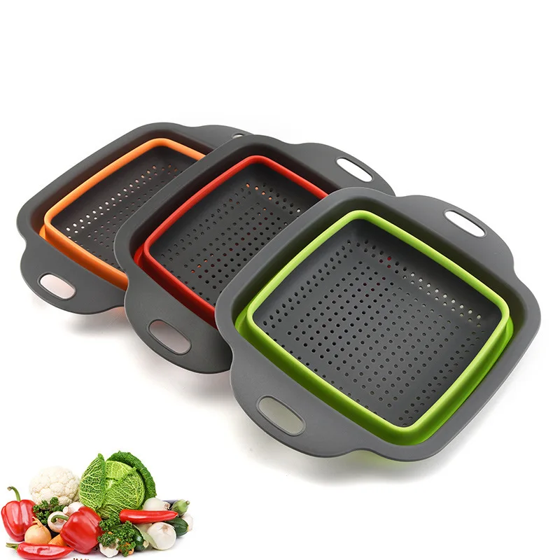 Silicone Folding Drain Basket Fruit Vegetable Washing Basket Foldable Strainer Collapsible Drainer Kitchen Storage Tool