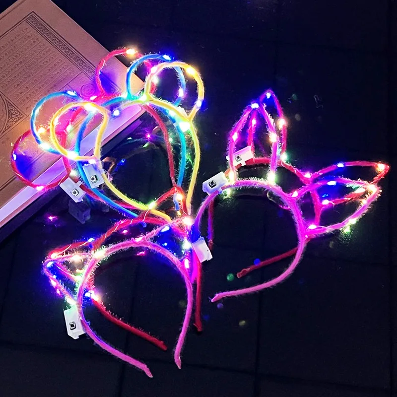 LED Cat Ear Flower Crown Party Light Up Flashing Glow Headband Women Girls LED Glow Hairbands for Halloween Christmas Wedding