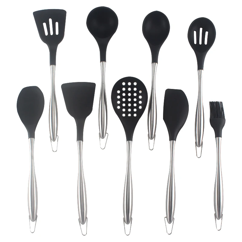 Hot sales 10 pieces Silicone Cooking Utensils Kitchen Utensil Set with metal inside