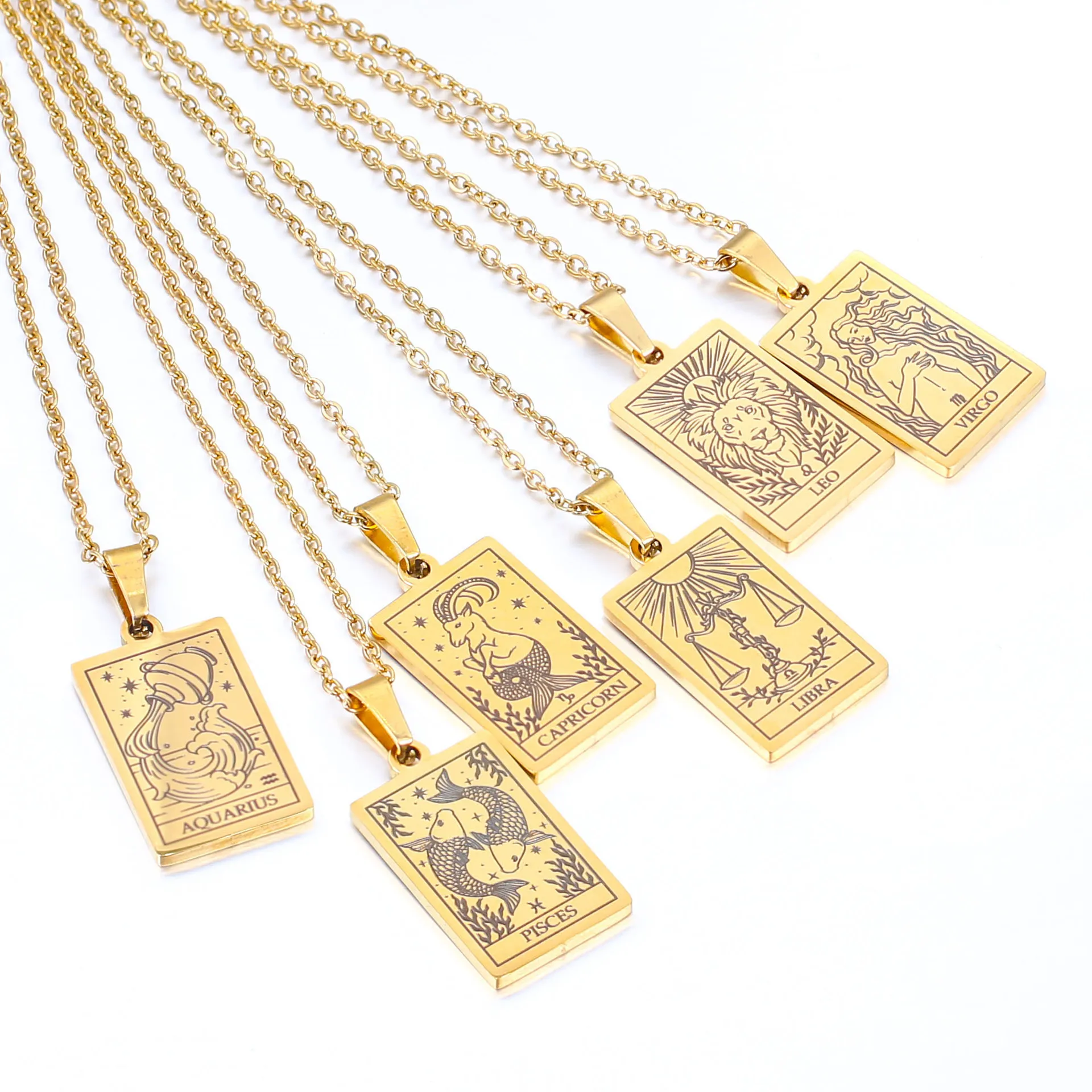 Women jewelry 18k gold plated astrology horoscope tarot card stainless steel pendant 12 zodiac sign necklace