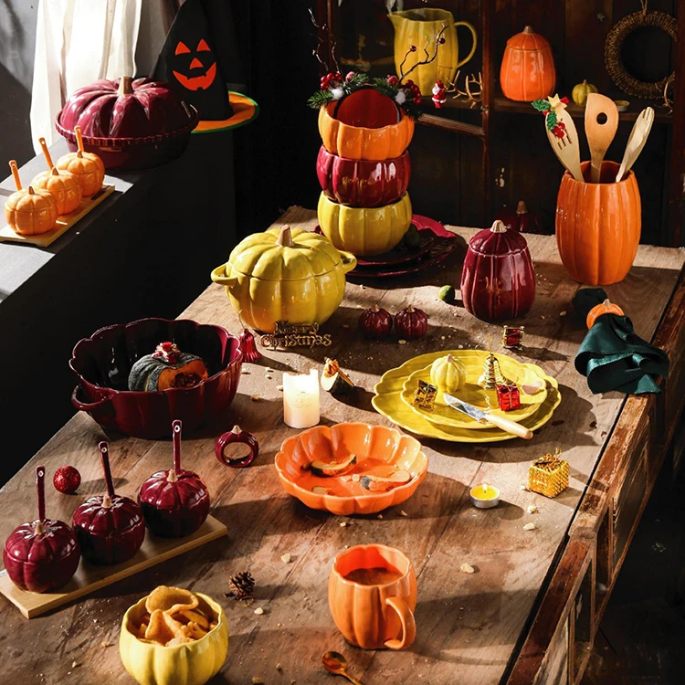 Halloween decorative ceramic kitchen tableware glaze pumpkin bowl dinner plate set modern crockery porcelain dinner sets