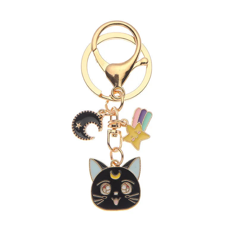 Alloy car keyring compact cat Moon Star kitten metal pendant creative personality bag parts charms keychain accessories