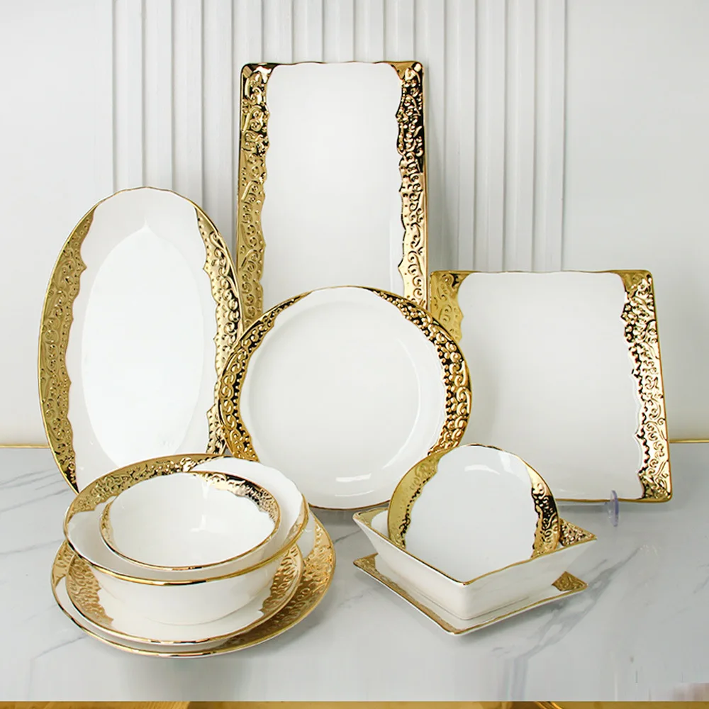 Gold edged ceramic tableware home Western food plate steak fruit salad bowl  luxury dinnerware set wedding restaurant  dishes
