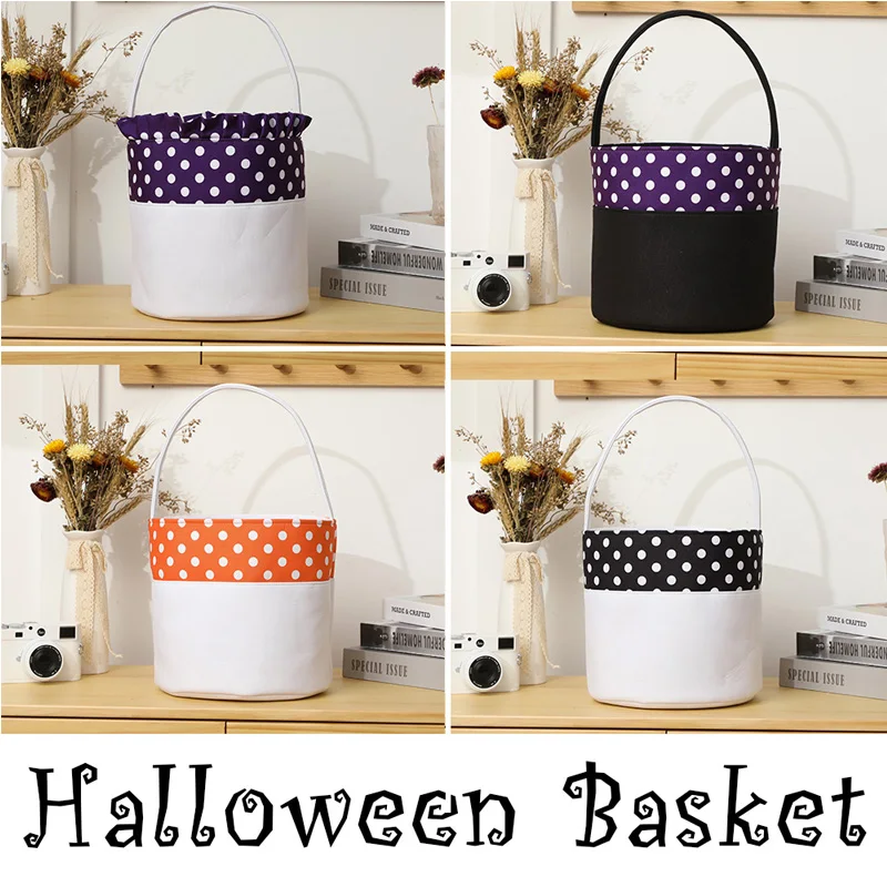 Mongram Trick Or Treat Candy Bag Custom Kids Gift Embroidery Fabric Polka Dot Halloween Buckets