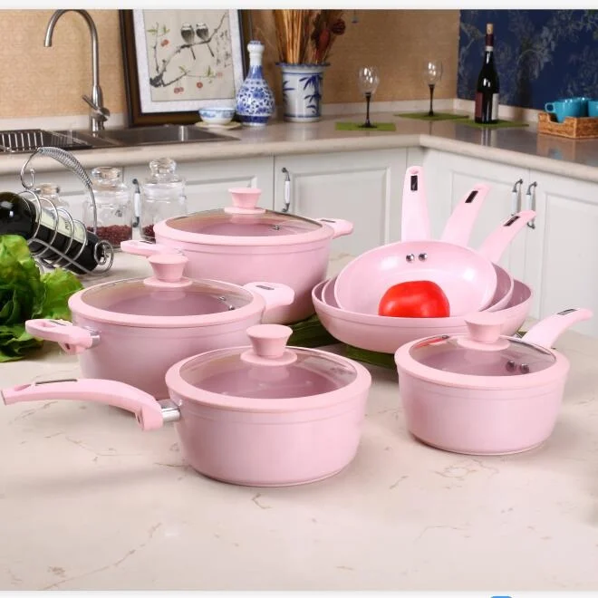 China Aluminum cookware Factory Pots and Pans sets with ceramic non stick coating and pink color