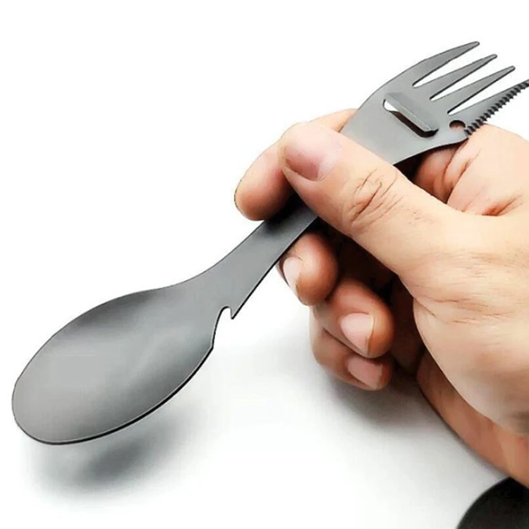 Titanium Coating Stainless Steel Metal Multi Function Camping Utensils Camping Spork With Bottle Opener