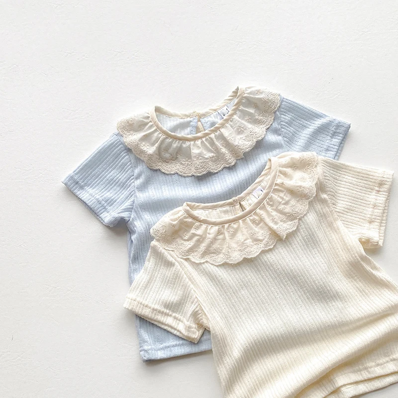 Korean Design Infant Top  100% Organic Cotton Baby Girls Lace  Collar Shirt