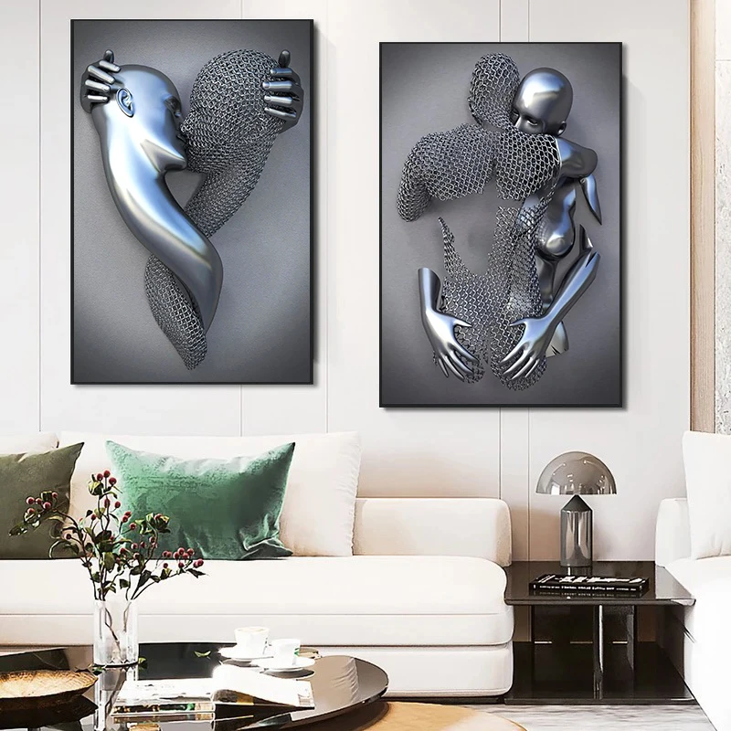 3D abstract Metal Figure Statue Canvas Art Painting Romantic Abstract Posters and Prints Wall Pictures Modern Living Room