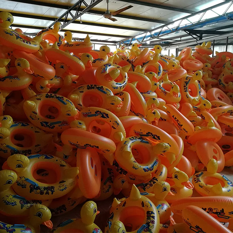 instock customized Baby yellow duck inflatable sitting swimming ring with handle for kids