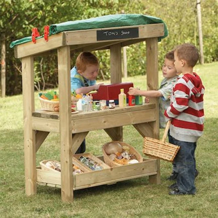 Outdoor Solid Wooden Children Role Play Centre 2 Tires Robust Market Fruit And Veggie Stall For Kids