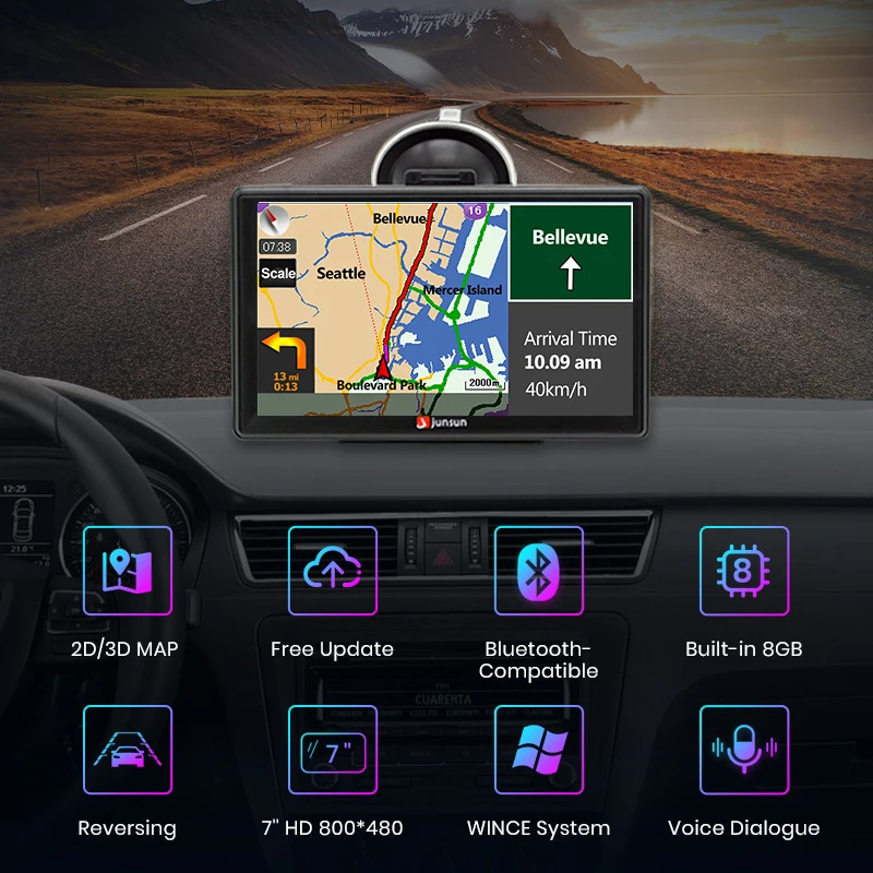 Junsun 7 Inch Car GPS Navigation Touch Screen 256M+8G FM Voice Prompts Europe Map Free Update Truck GPS Navigators 2024