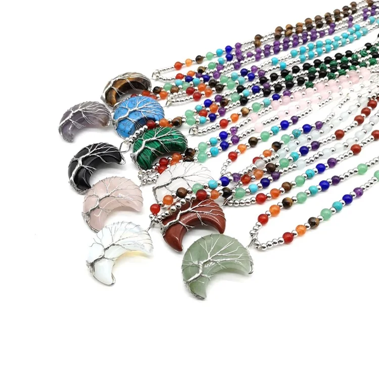 Moon Necklaces Natural Stone Amethyst Tree Of Life Shaped Charm Vintage Korean Fine Jewelry Luxury Beaded Necklace Chain 1