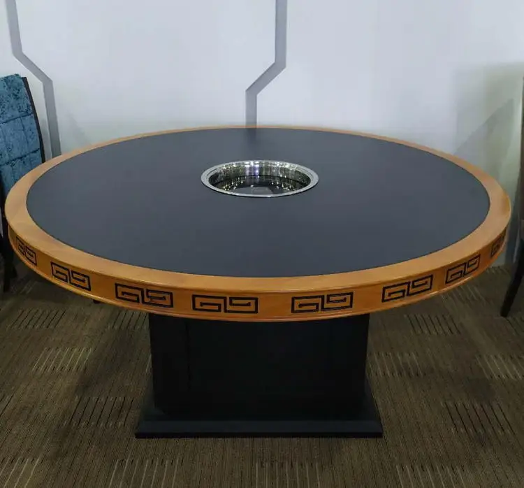 Китайский поставщик Изысканный резной металлический каркас для ресторана круглый горячий горшок обеденный деревянный стол