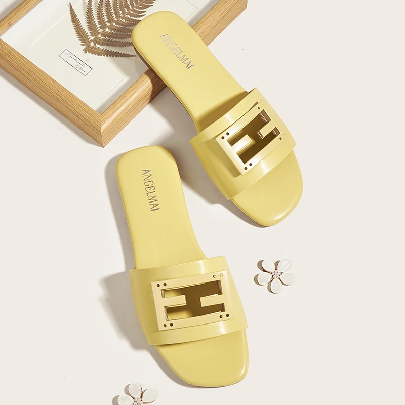 Elegant Female Casual Pu Leather Slipper Slides Shoes Girl Square Toe Summer Square Buckle Flat Sandal For Women And Ladies