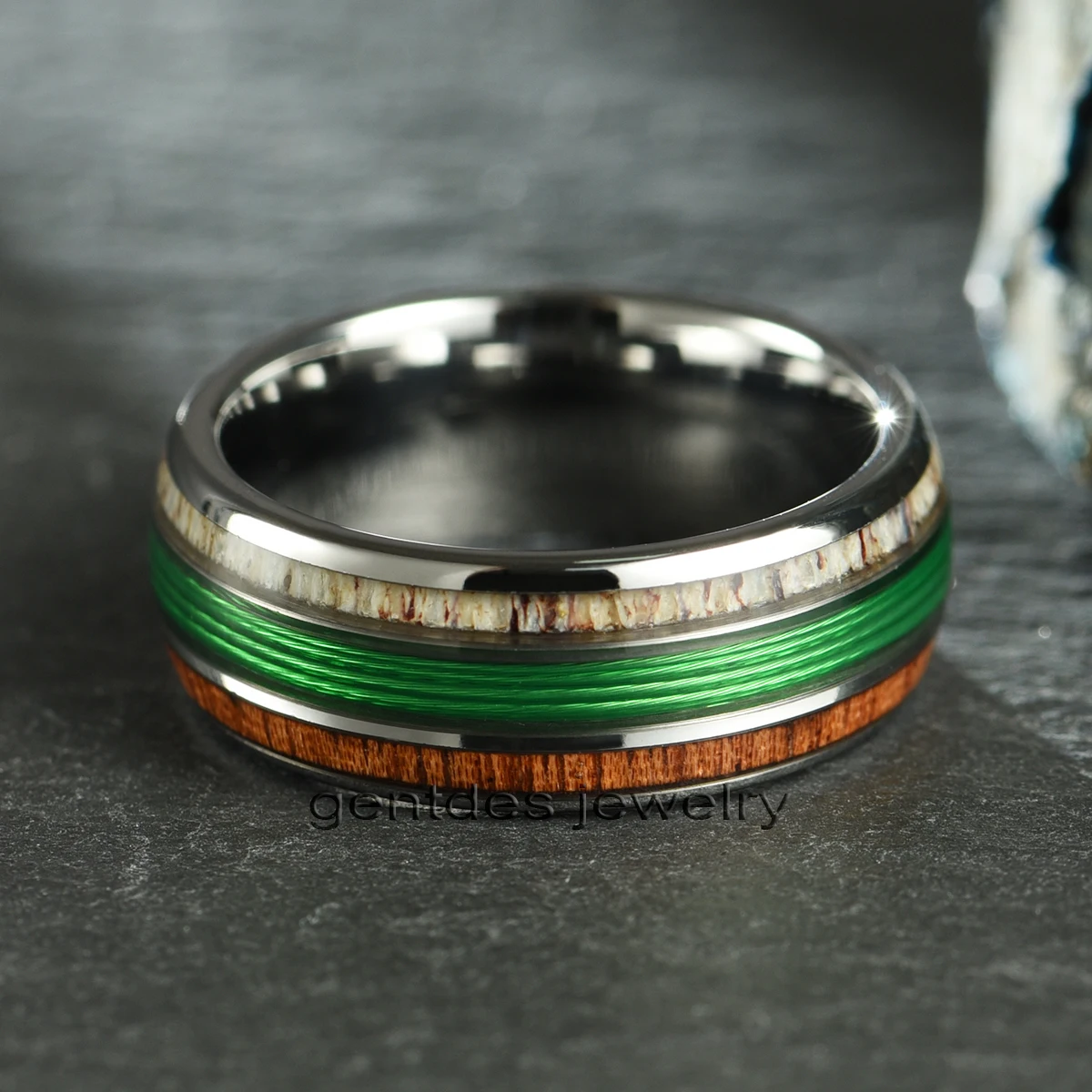 Gentdes Jewelry Fashion Green Fishing Line Ring with Elk Antler and Makore Wood Tungsten Carbide Blank Ring for Men