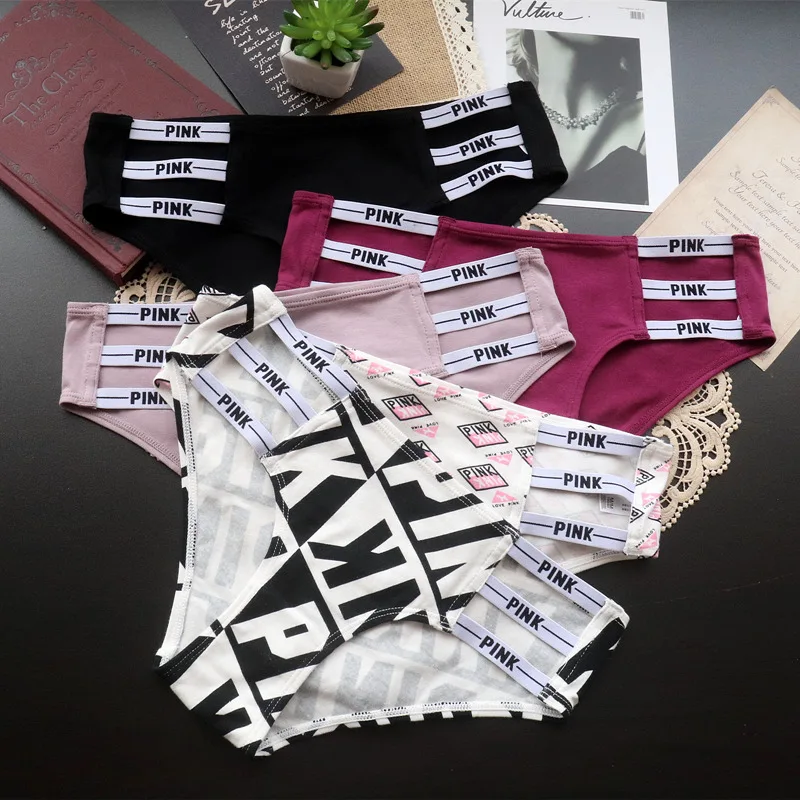 Ladies Thin Strap Hollow Panties Soft Lingerie Pink Letters Print Low Rise Breathable Female Briefs Womens Sexy Underwear