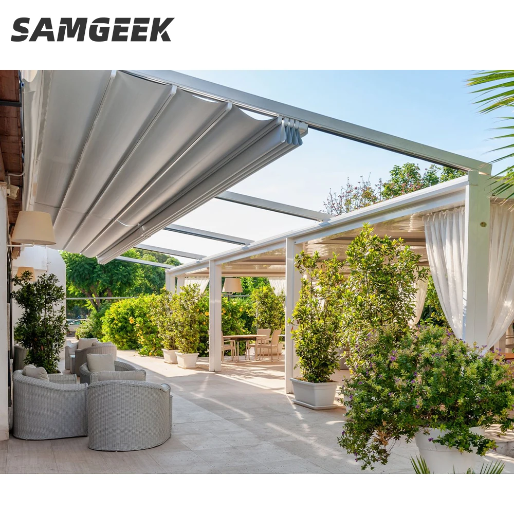 Sun Shading Canopy Motorized Retractable  Roof PVC fabric Pergola Awning Outdoor Opening Gazebo
