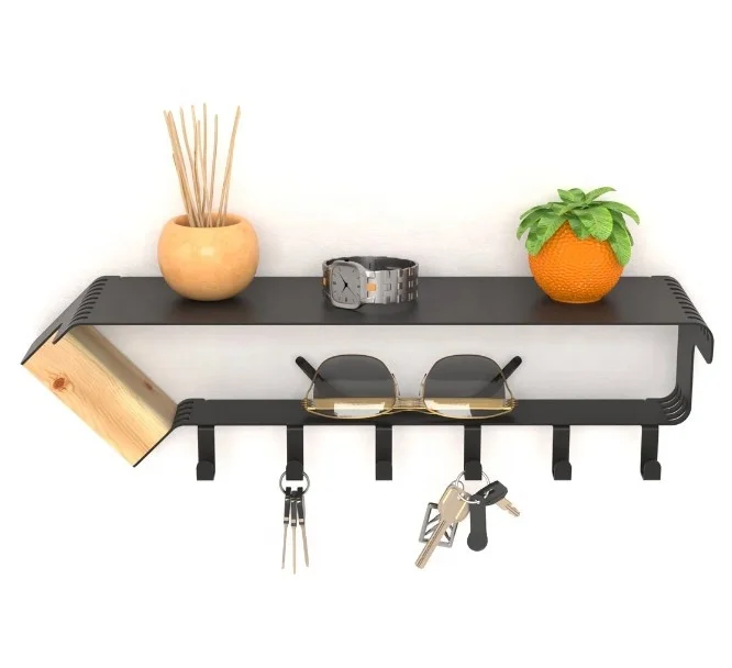Wall Decor Mail And Key Holder Metal And wood Wall Shelf With Hanger Floating Shelf For Wall Home Decor Metal Crafts