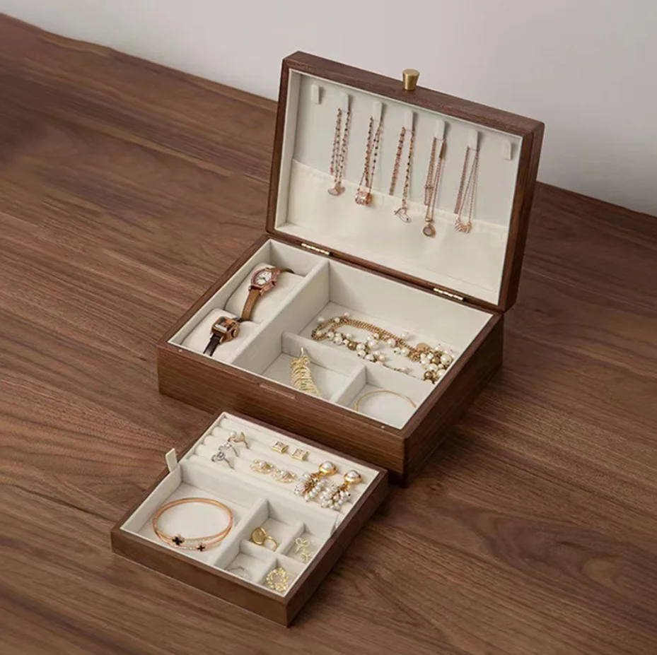 Black walnut double large capacity storage earrings necklace accessories custom wooden jewelry box modern