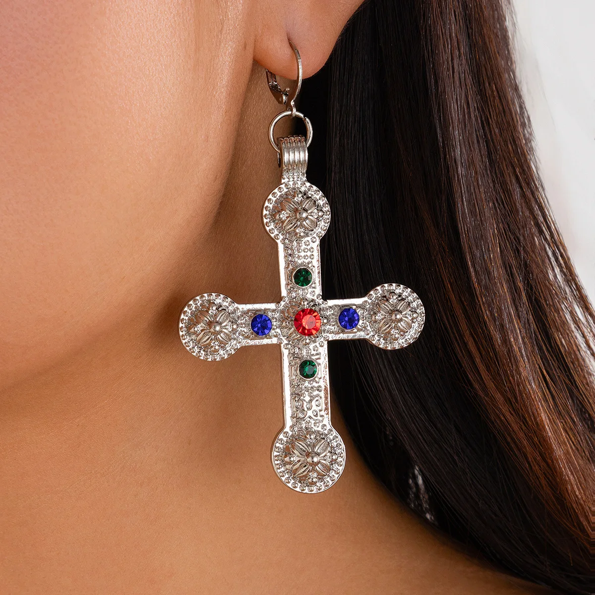 KOMI Big Cross Dangle Drop Earrings for Women Silver Gold Plated Rhinestone Crystal Large Cross Earrings for Women Girls Gifts