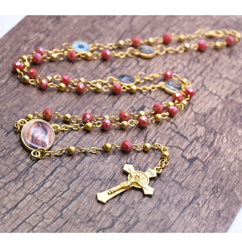 Gold Plated Stainless Steel Beads Chain Jesus Cross Virgin Mary Necklace Religious Christian custom rosary necklace