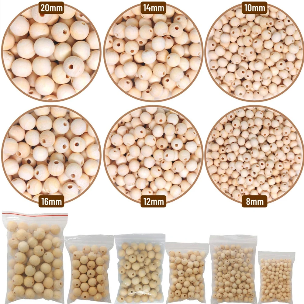 500 pieces 6 sizes of various unpolished wooden beads, used for wreaths, farmhouse decoration, jewelry making,DIY handicrafts