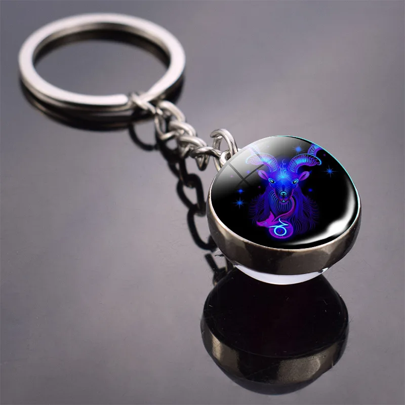 12 Constellation Keychain Luminous Glass Ball Pendant Zodiac Key Rings Keychains