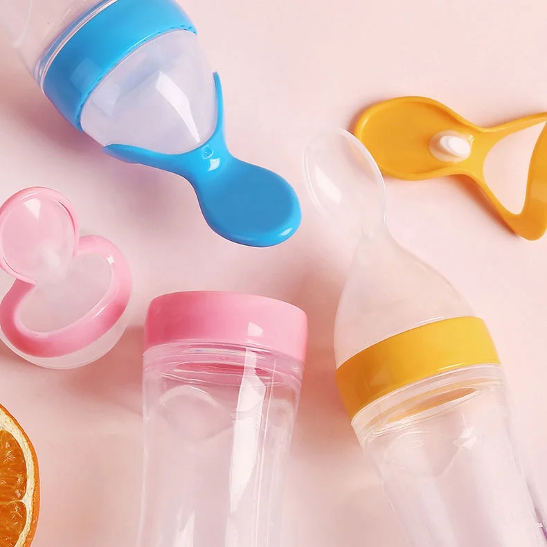 High Quality Reusable Baby Food Grade Silicone BPA-Free Silicone Fruit Food Squeeze Bottle Feeder With Spoon