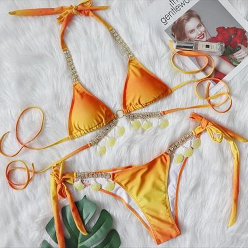 Fashion Gradient Beach Wear Two Piece Set Women Bras Briefs Split Fitness Swimwear Design Summer Backless Women Bath Suit Bikini