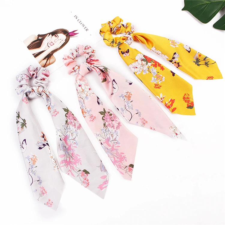 ponytail scrunchie hair ties scarf elastic hair ribbon for women bow ties scrunchies flower print hair bands