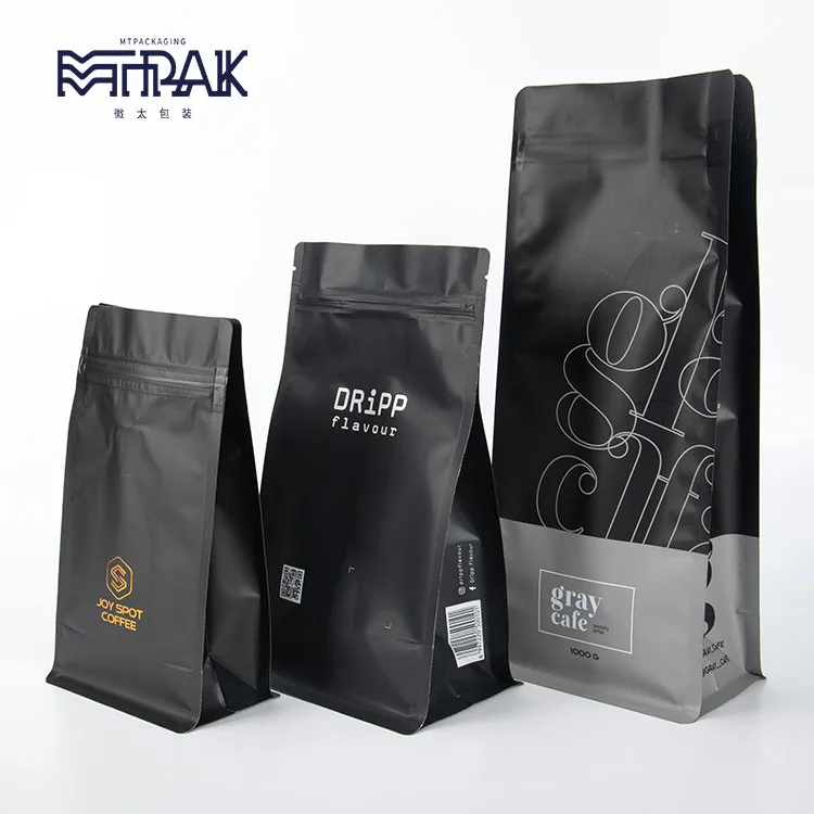 
special design eco-friendly zipper foil pouch packaging matte black coffee bags with valve 