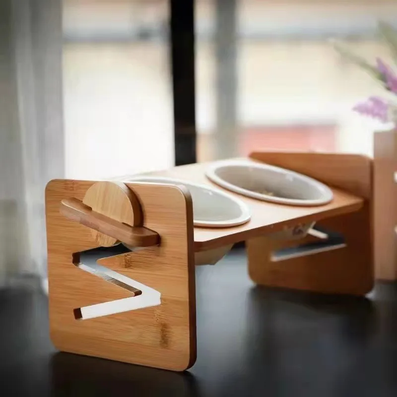 Manufacturer Wholesale Adjustable Height Wooden Silicone Dog Elevated Bowl