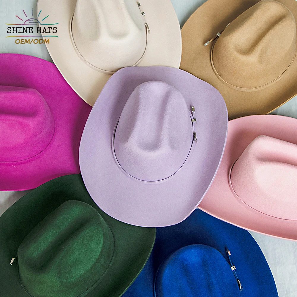 2024 Shinehats OEM Fashion Designer Cowboy Sombrero Flat Wide Brim Wool Felt Women Colorful High Quality Western Fedora Hats