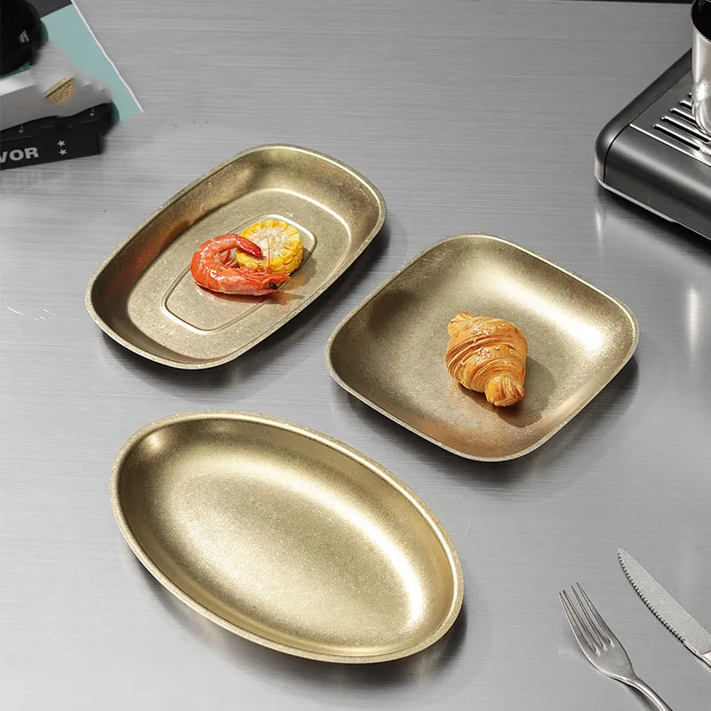 Factory Wholesale Retro Golden Style Luxury Stainless Steel Deepened Gold Snowflake Oval Plates for Hotel Restaurant Kitchen