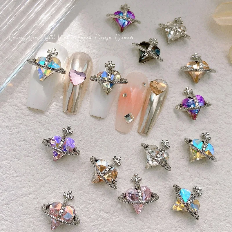 Luxury Super Sparkle Crooked Heart Diamonds Saturn Planet Body Alloy Nail Art Rhinestones Jewel Decorations Manicure Charms