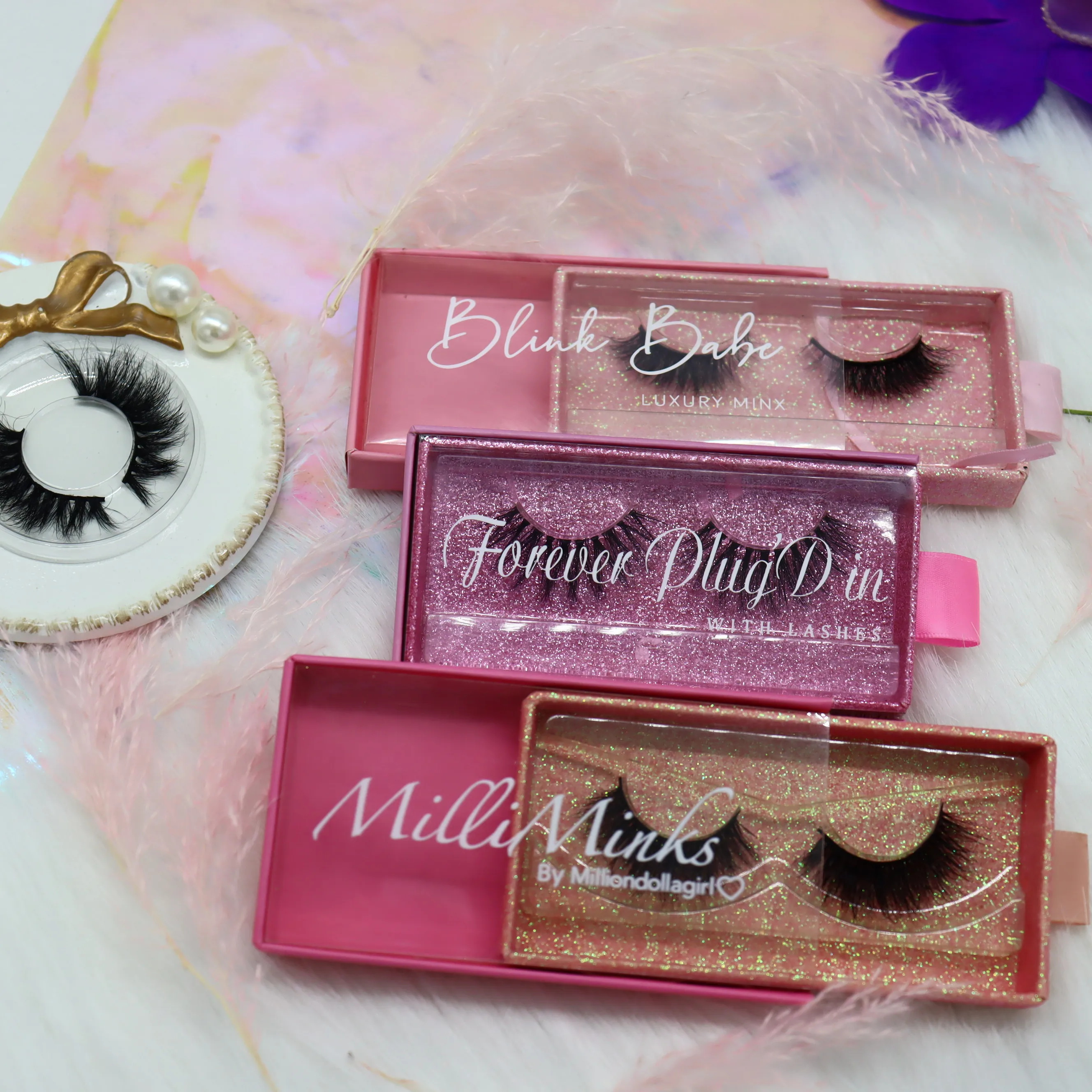 custom eyelash box dramatic mink lashes 25mm 3d faux mink wholesale vendor pink glitter full strip book box with heart window
