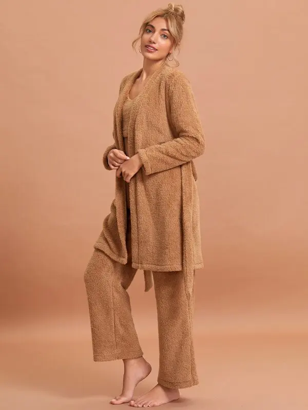 MGOO 3pack Solid Flannel PJ Set And Belted Robe Winter Warm Pajama 3pcs Teddy Loungewear