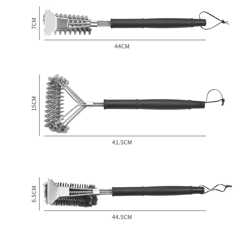 This barbecue grill cleaning brush is designed with a triangle shape and brass wire mesh bristles