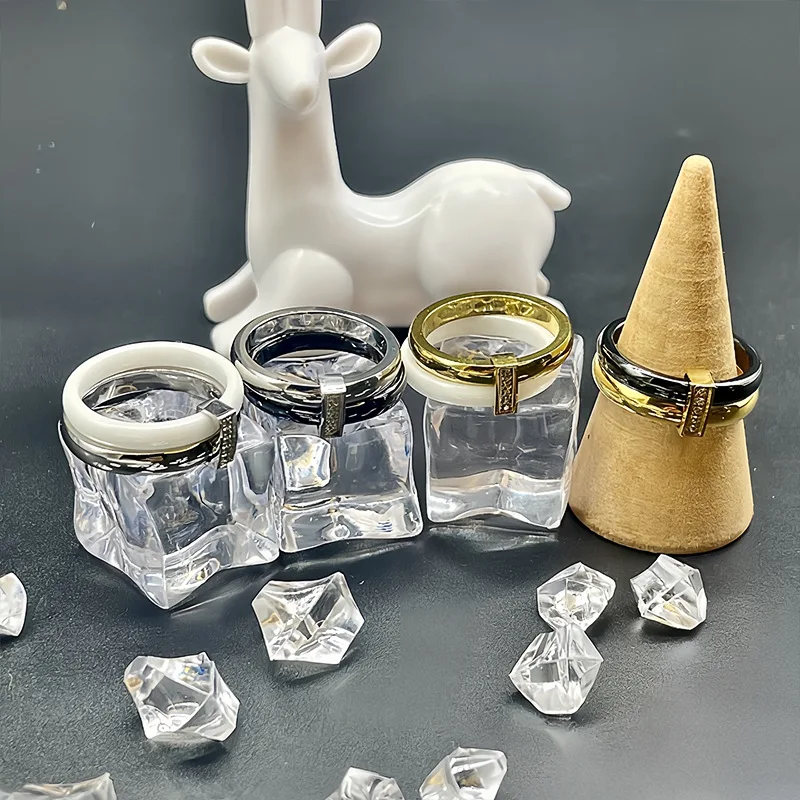 Wholesale Stainless Steel White Black Ceramic Diamond Ring Double Ring For Women or Men
