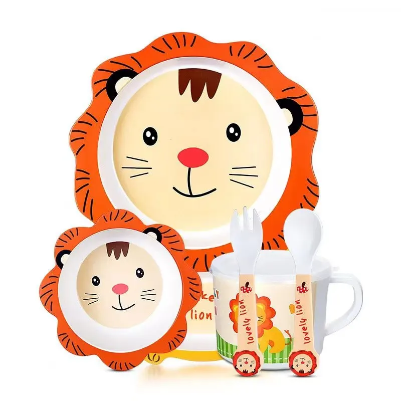 Bamboo Fiber Children Dinnerware Set  Baby Eating Training Set Toddler Plate Bowl Cup 5-piece Feeding Cartoon Lion Tableware
