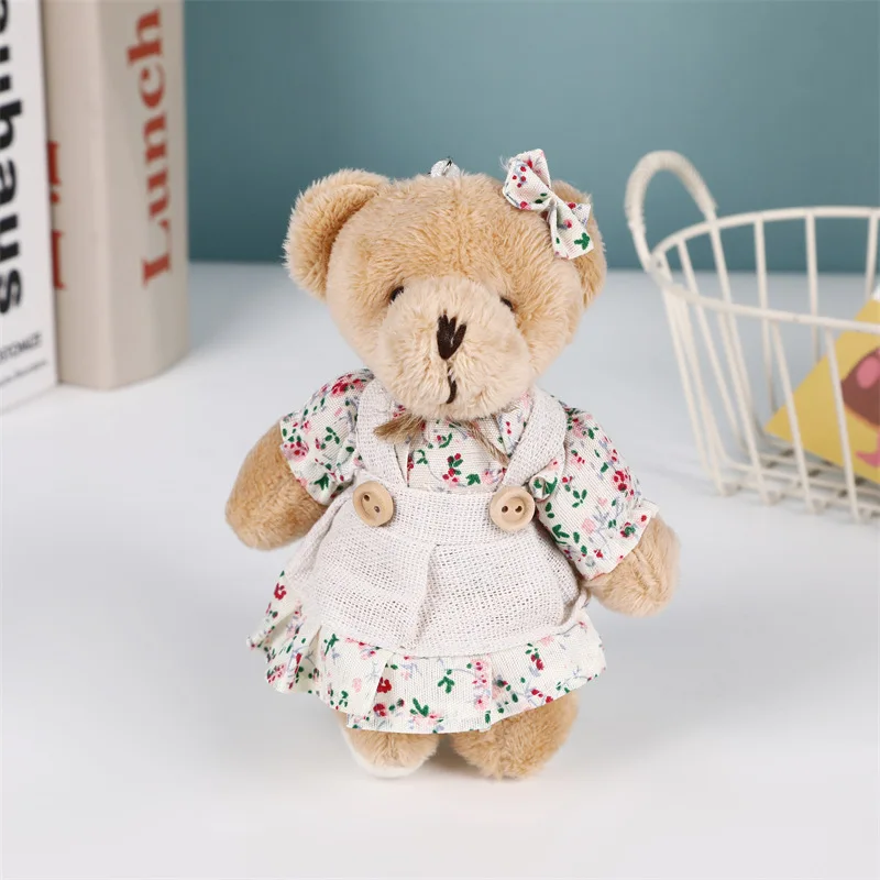 Cute Lovely Floral Cloth Flax Teddy Bear Dolls Toys Plush Keychain Couple Bear Keyring Lovers Friends Gift Bag Pendant Charm