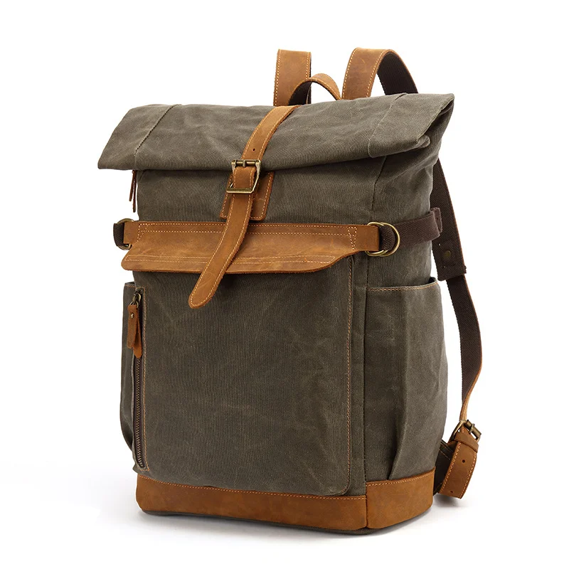 Waxed Canvas Backpack for Men Vintage Travel Rucksack Custom Casual Back Pack Sport Outdoor Bag Water Proof Customized 1.5 KG