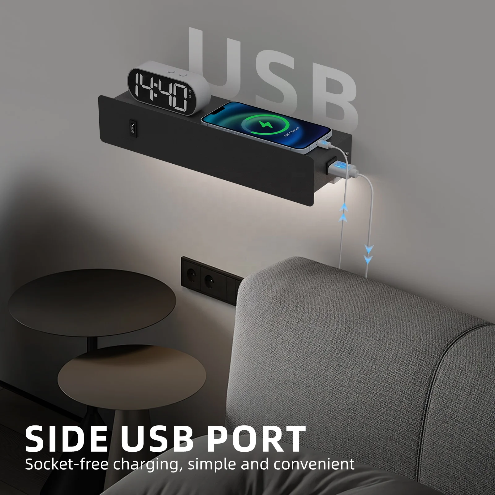 HYMELA M12 Modern LED Wall Sconces w/ Shelf 2 In 1 Hardwired/ Plug In Motion Sensor Dimmable Wall Lamp 3000K Wall Mounted Light