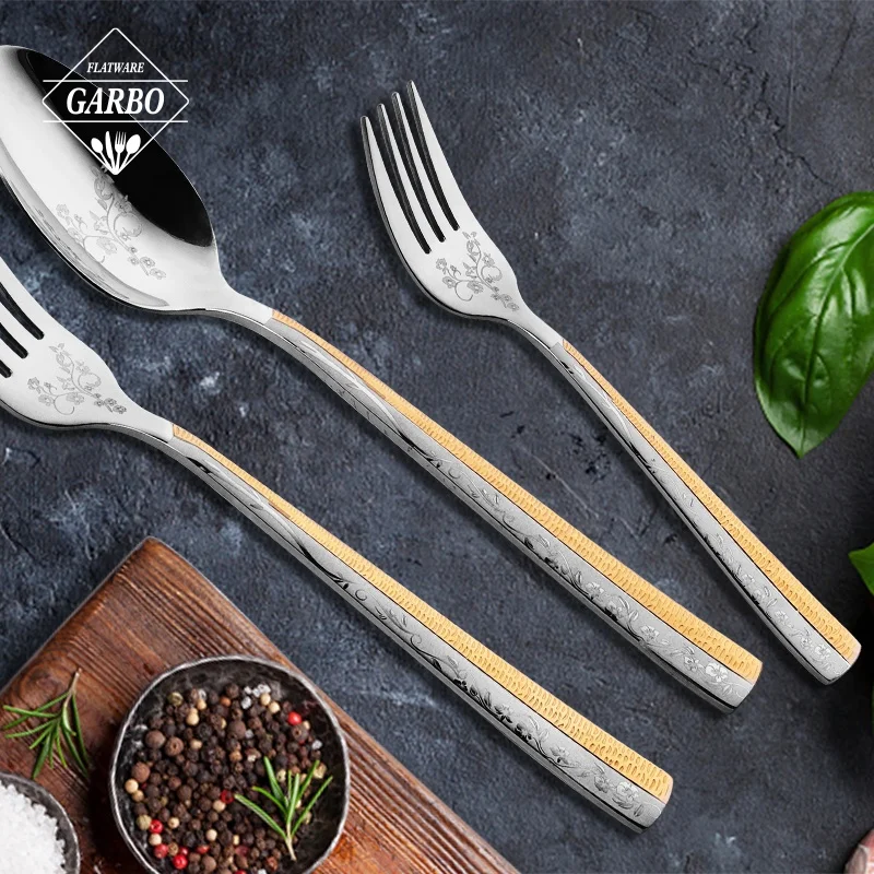 Russia Vintage Cutlery Set with Laser Flower Pattern 18/8 Stainless Steel Gold Plated Camping Cutlery  including Fork and Spoon