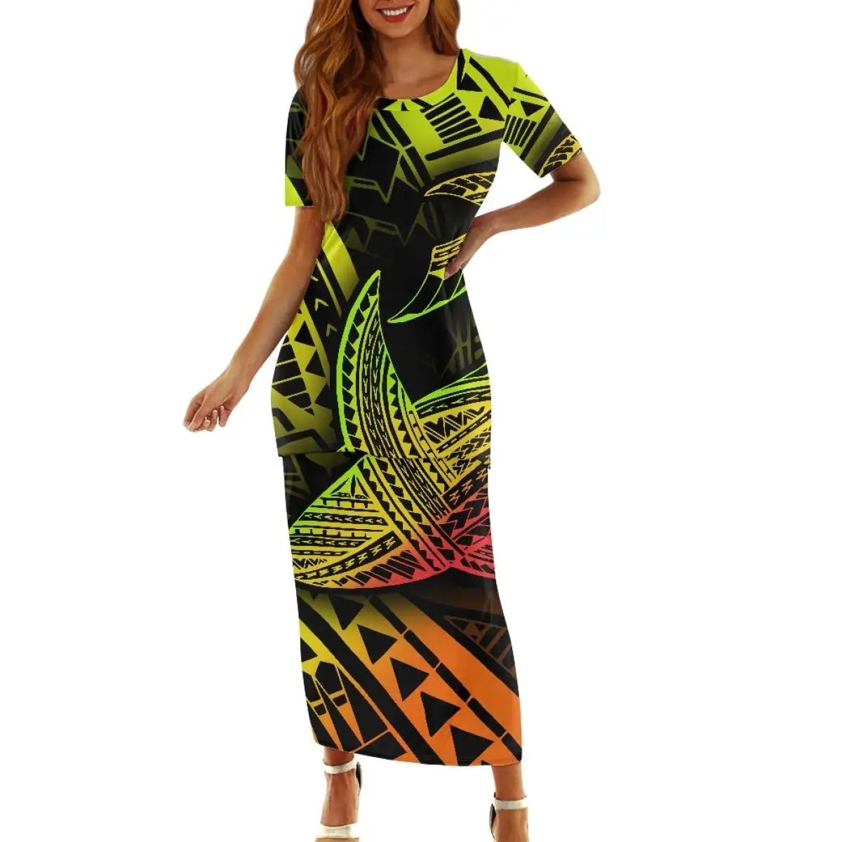 Hawaiian Tropical Plant Palm Leaf Hibiscus Flower Pattern Exclusive Dress Cheap Wholesale Sexy Dress Island Long Skirt Custom